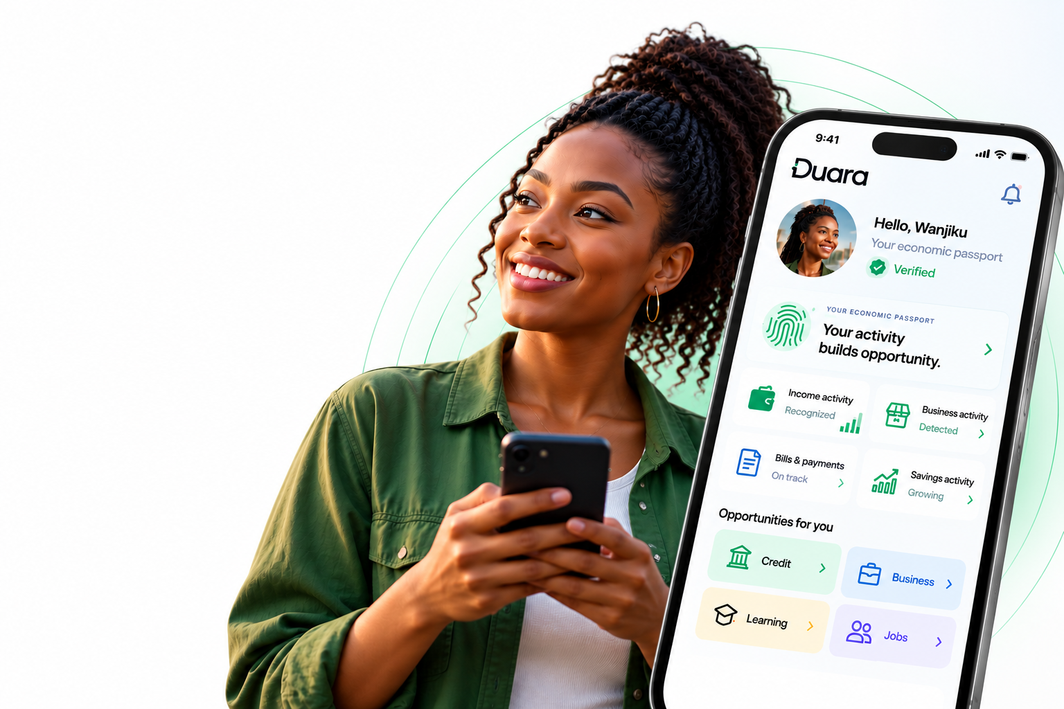 Duara app Economic Passport and Opportunities screens